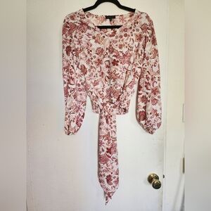 Pink and White Long Sleeve Floral 70s Style Top Size Medium